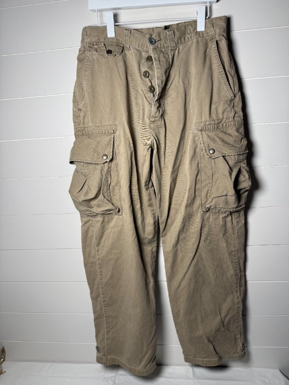 Polo Ralph Lauren Vintage Cargo Tan Khaki Pants Sz 34/32 Button Fly, Pockets